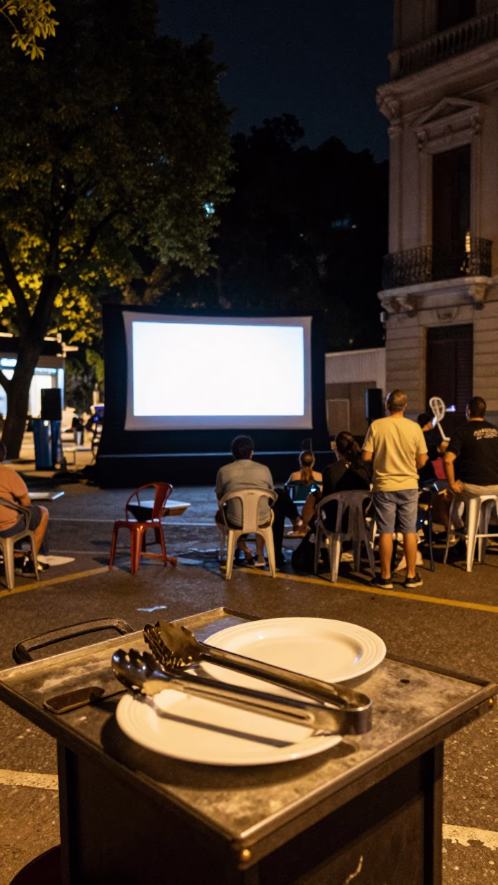 Late Night Buenos Aires Street Scene with Outdoor Cinema and Kitchen Tongs in in Buenos Aires, Argentina