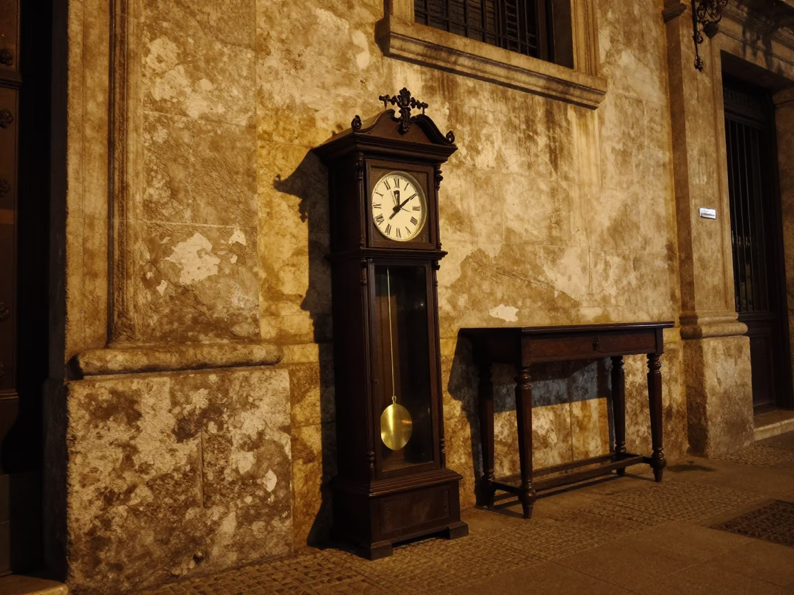 Late Night Buenos Aires Street Scene with Pendulum and Mantel Clock in Historic District in in Buenos Aires, Argentina