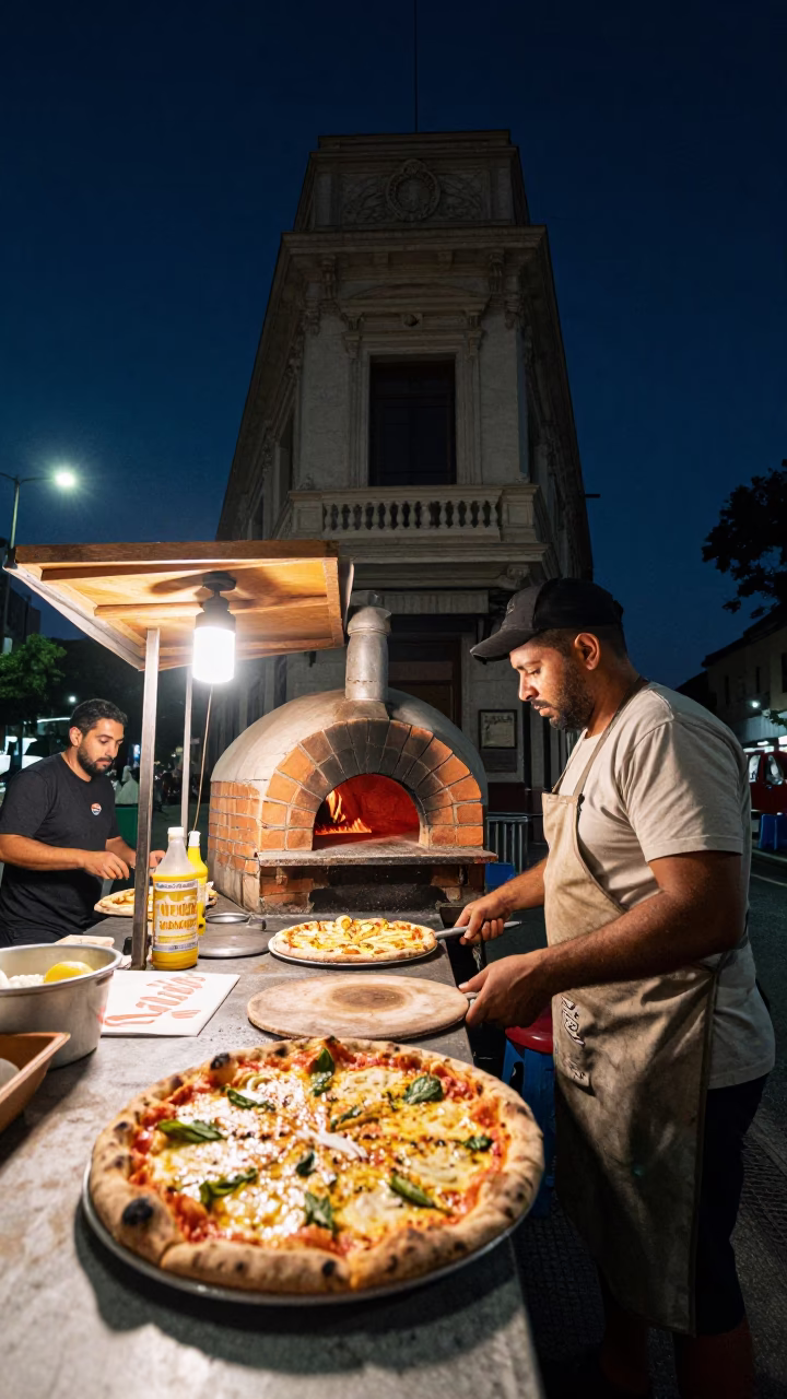 Late Night Buenos Aires Street Scene with Pizza and Vitello Tonnato in in Buenos Aires, Argentina