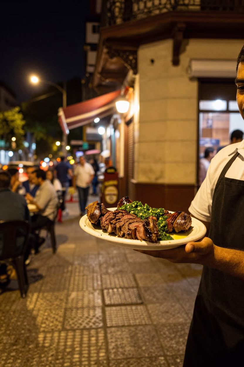 Late Night Buenos Aires Street Scene with Plate of Churrasco and Chimichurri in in Buenos Aires, Argentina