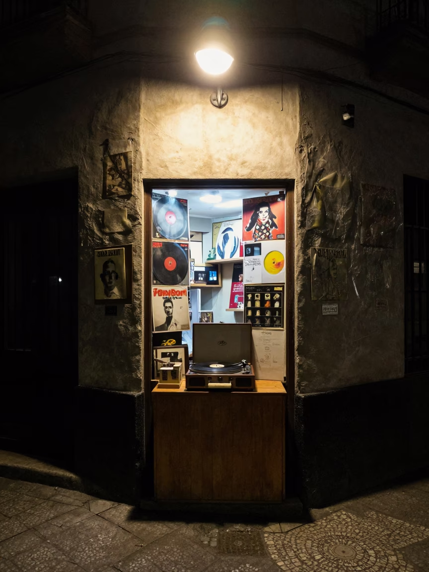 Late Night Buenos Aires Street Scene with Record Player and Spice Jars in in Buenos Aires, Argentina