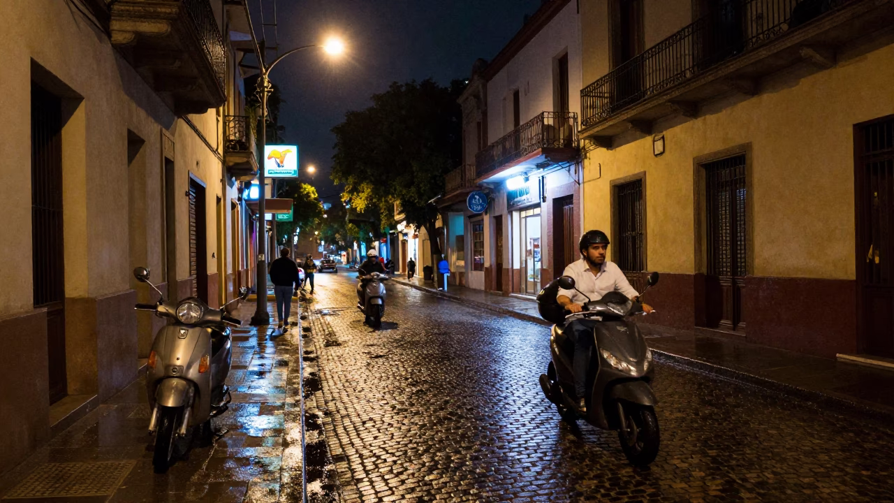 Late Night Buenos Aires Street Scene with Scooter and Grease Sheen in in Buenos Aires, Argentina