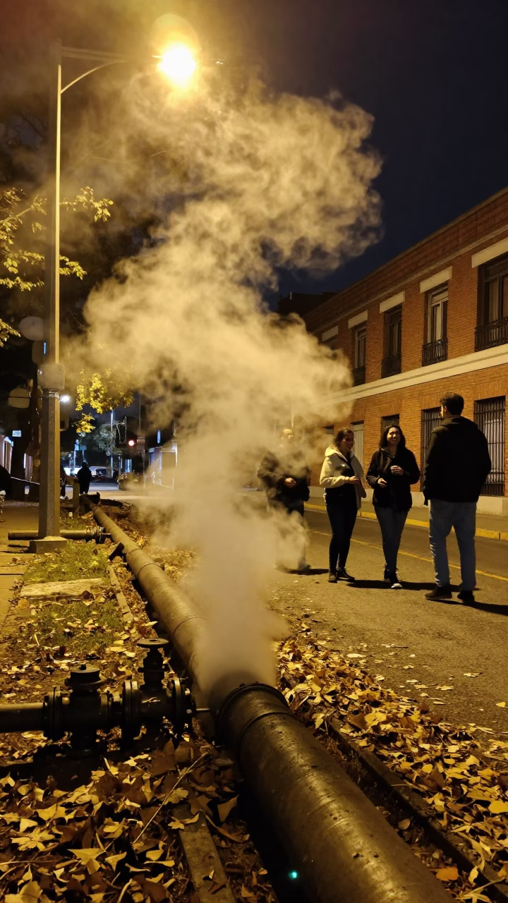 Late Night Buenos Aires Street Scene with Steaming District Heating Pipes and Urban Activity in in Buenos Aires, Argentina