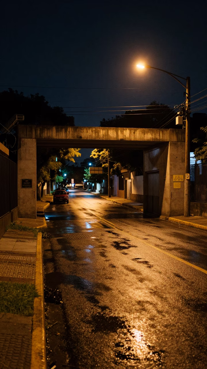 Late Night Buenos Aires Street Scene with Substation Road and Glass Tumbler in in Buenos Aires, Argentina