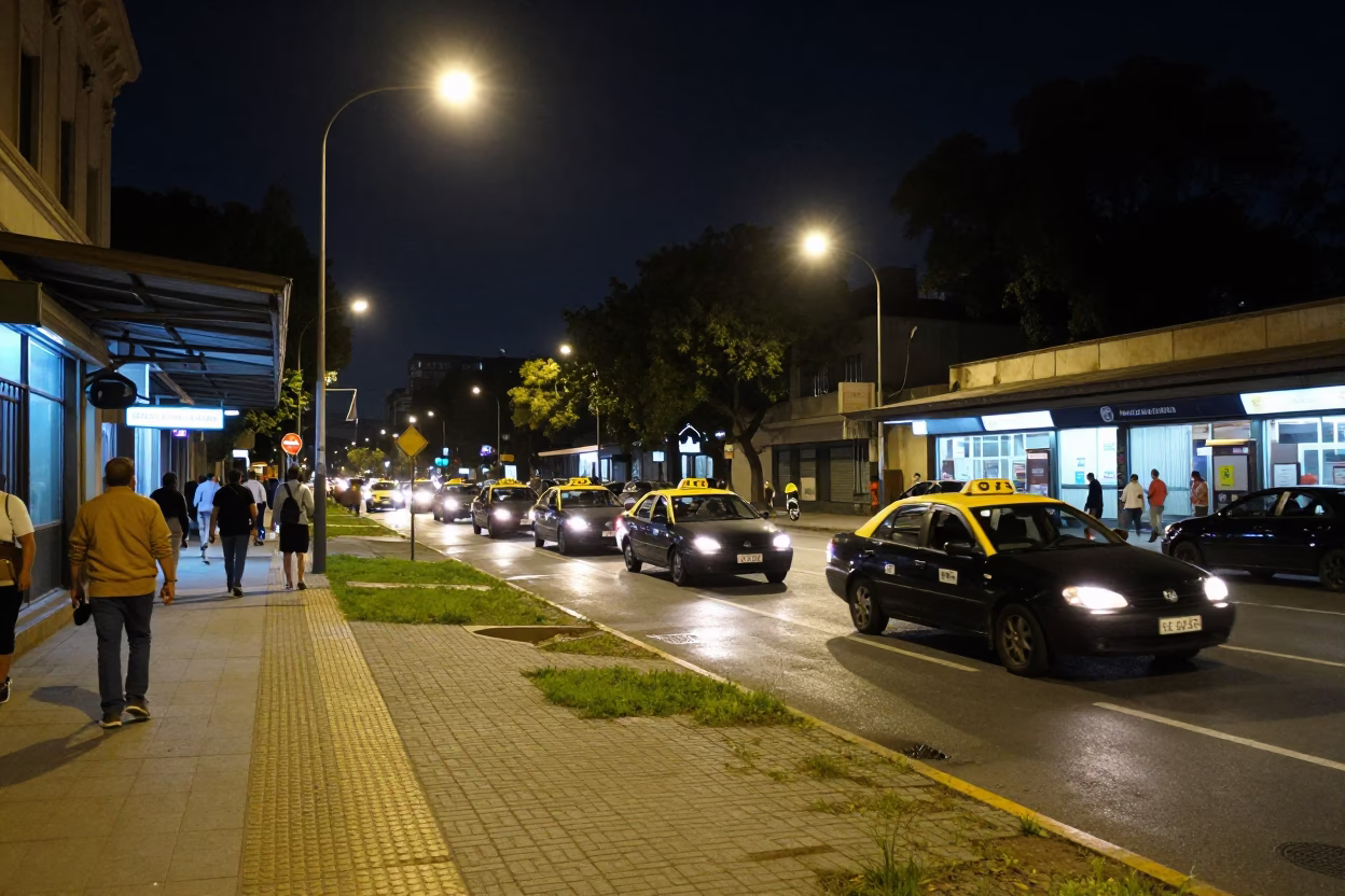 Late Night Buenos Aires Street Scene With Taxi Rank Outside Train Station in in Buenos Aires, Argentina