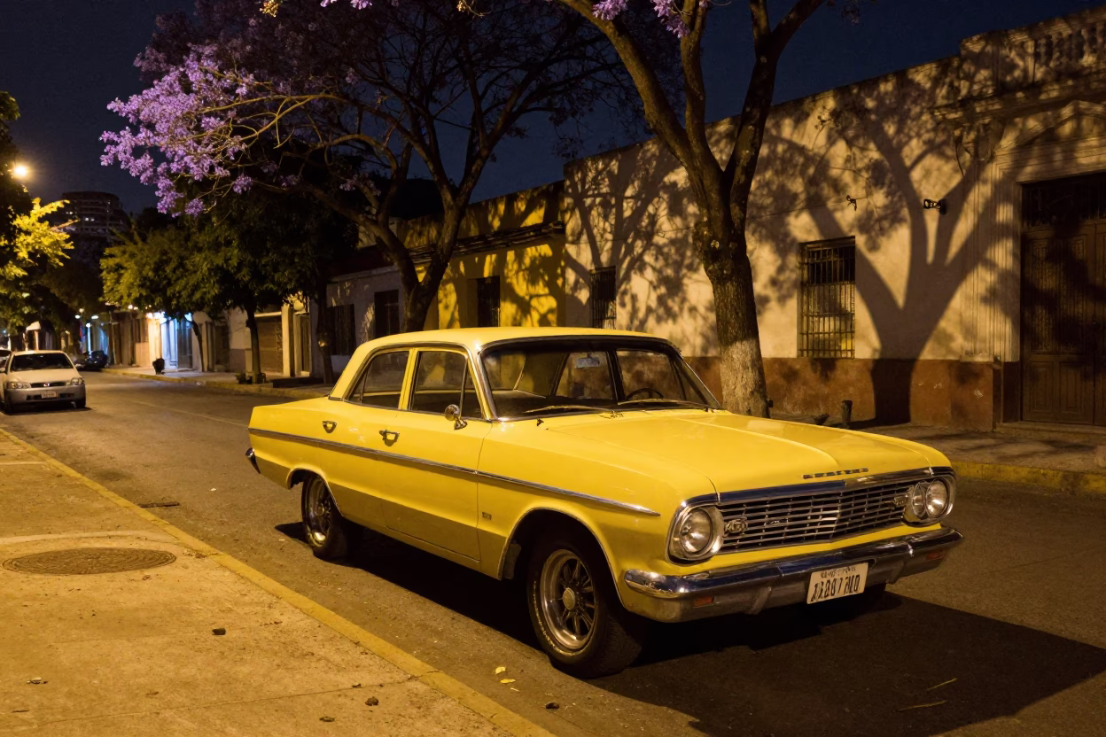 Late Night Buenos Aires Street Scene with Vintage Car and Local Diner Elements in in Buenos Aires, Argentina