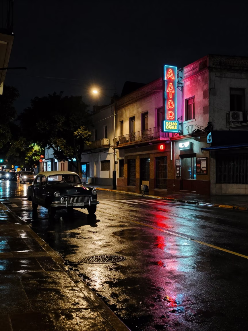 Late Night Buenos Aires Street Scene with Vintage Car and Neon Lights in in Buenos Aires, Argentina