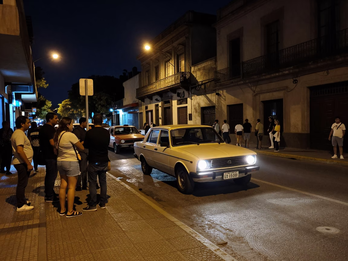Late Night Buenos Aires Street Scene with Vintage Car Rally Ashtray and Bottle in in Buenos Aires, Argentina