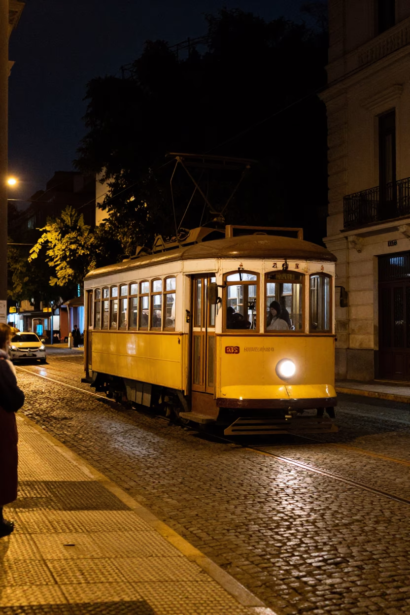 Late Night Buenos Aires Street Scene with Vintage Tram and Neon Lights in in Buenos Aires, Argentina