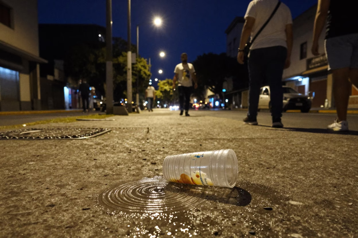 Late Night Buenos Aires Street Scene with Water Rings and Urban Details in in Buenos Aires, Argentina