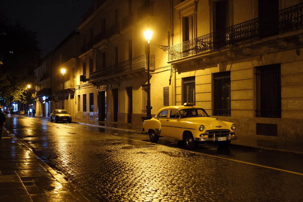 Late Night Buenos Aires Street Scene with Yellow Light and Urban Architecture in in Buenos Aires, Argentina
