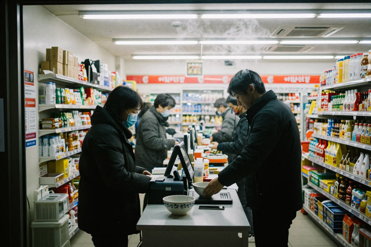 Late Night Busan Convenience Store Interior with Steam Haze and Key Bowl in in Busan, South Korea