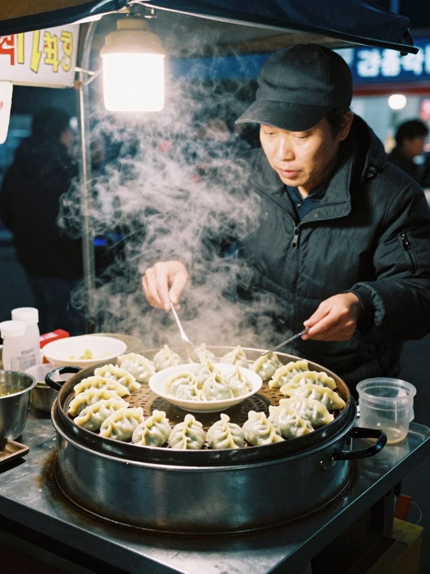 Late Night Busan Street Food Scene with Mandu Dumplings and Dipping Sauce in in Busan, South Korea