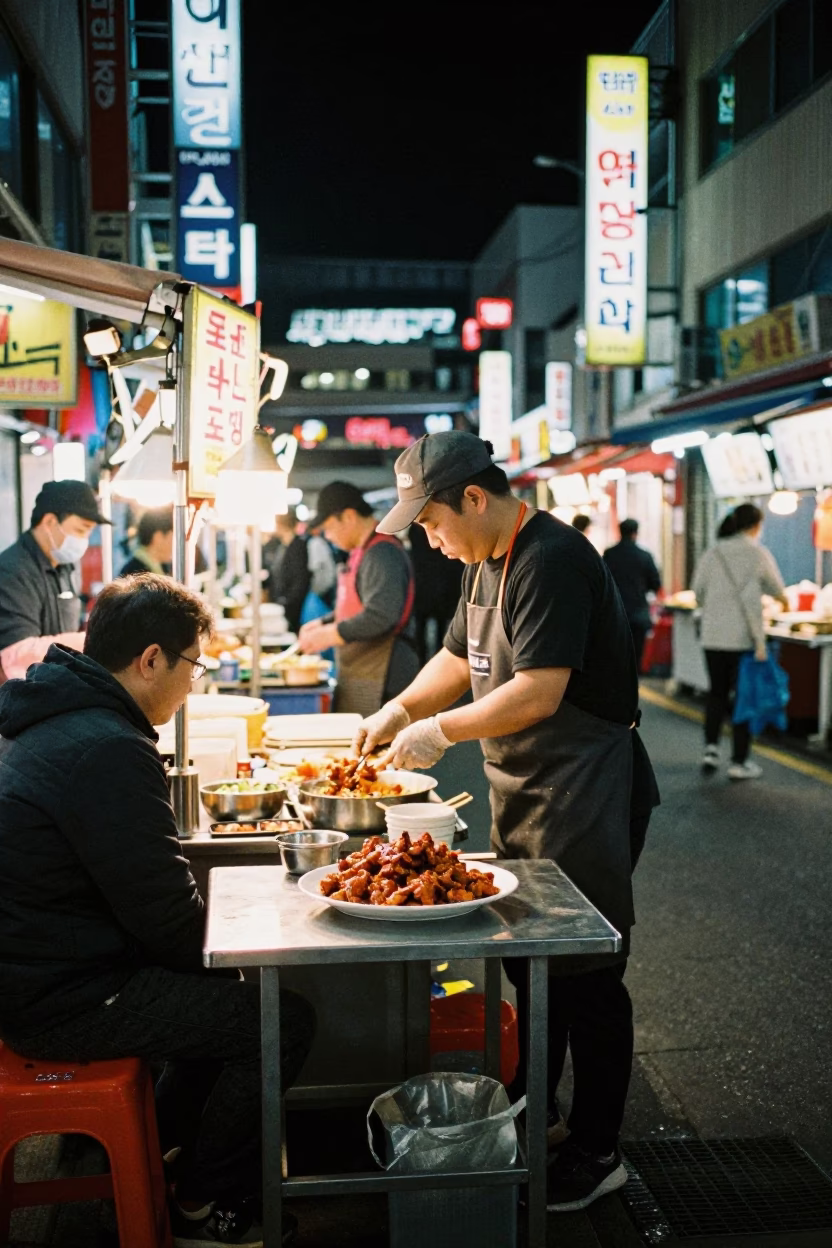 Late Night Busan Street Food Scene with Neon Lights and Steaming Plates in in Busan, South Korea