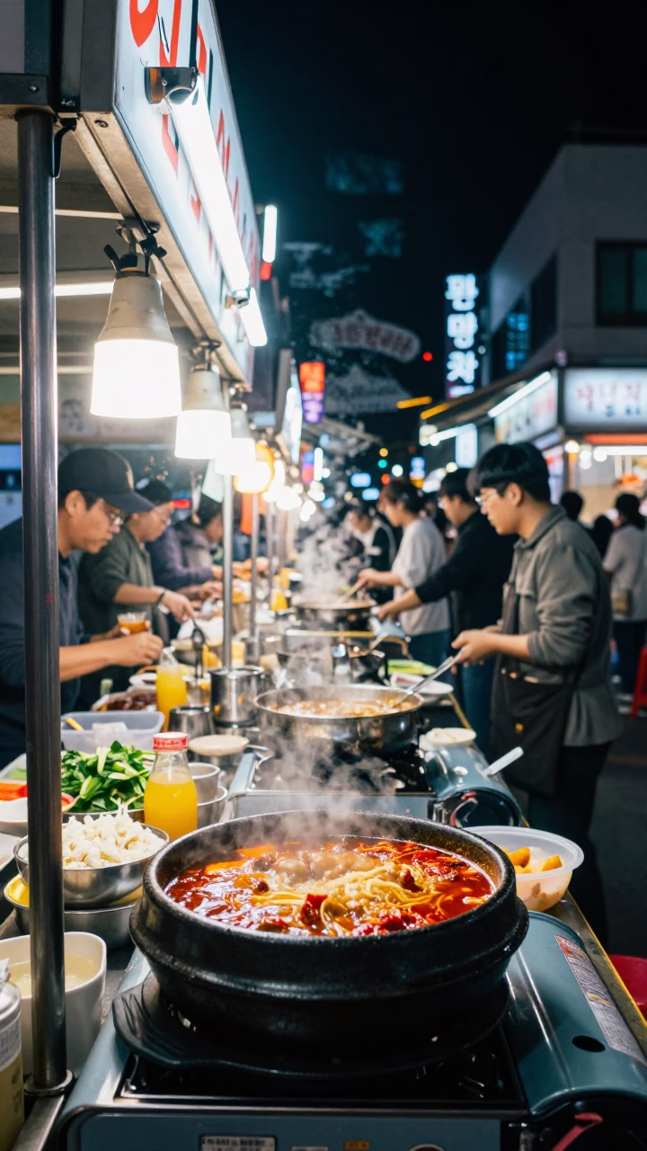 Late Night Busan Street Food Stall with Bubbling Army Stew and Steel Tiles in in Busan, South Korea