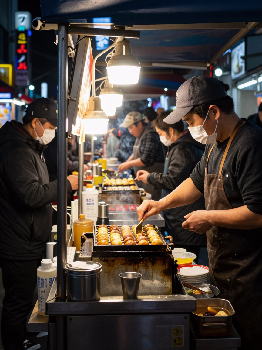 Late Night Busan Street Food Stall with Grilling Takoyaki and Steaming Kettle in in Busan, South Korea