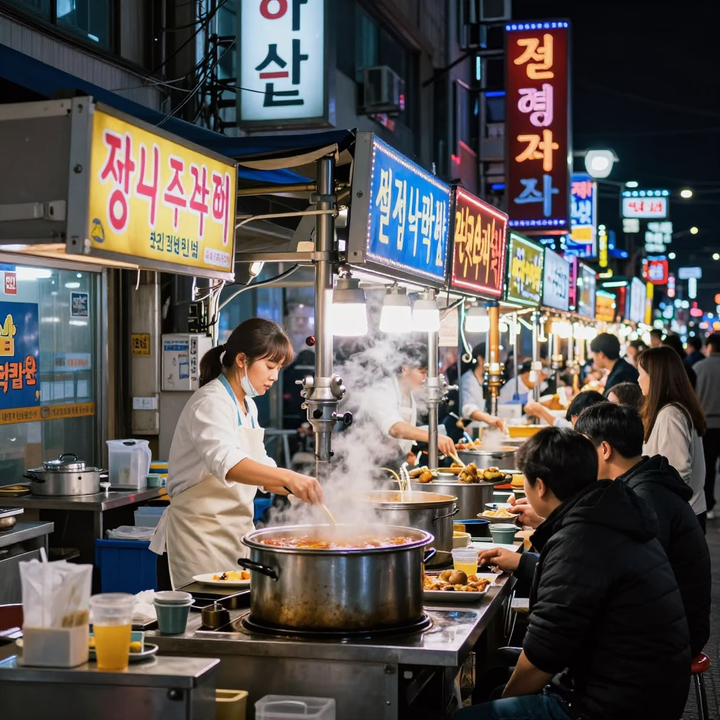 Late Night Busan Street Food Stall with Neon Lights and Patrons Eating in in Busan, South Korea