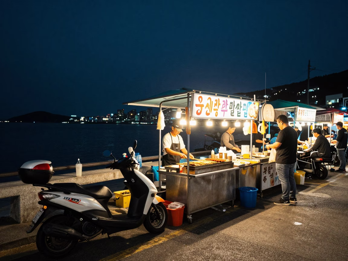 Late Night Busan Street Food Stall with Scooter and Neon Lights in in Busan, South Korea