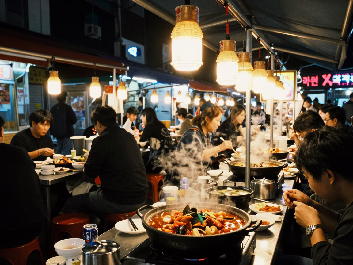 Late Night Busan Street Food Stall with Spicy Seafood Stew and City Lights in in Busan, South Korea