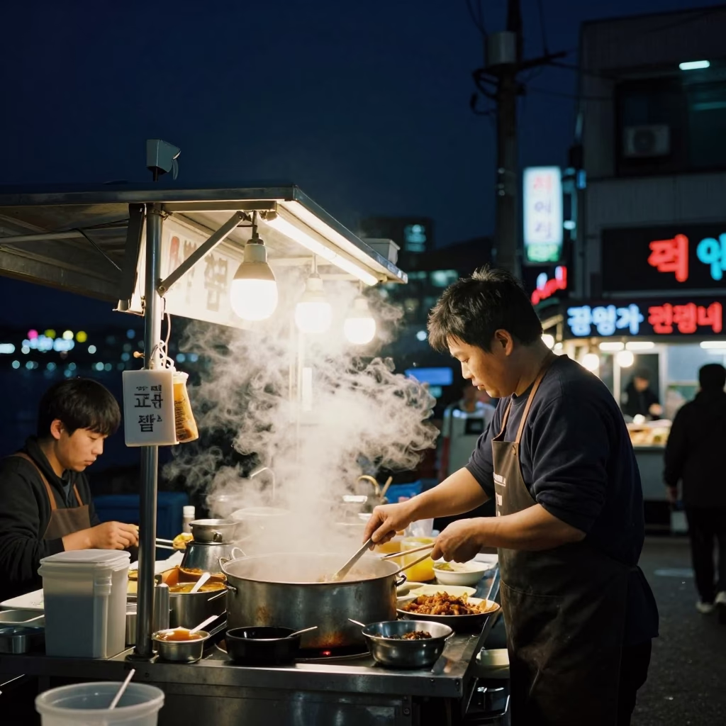 Late Night Busan Street Food Stall with Steam and Neon Lights in in Busan, South Korea
