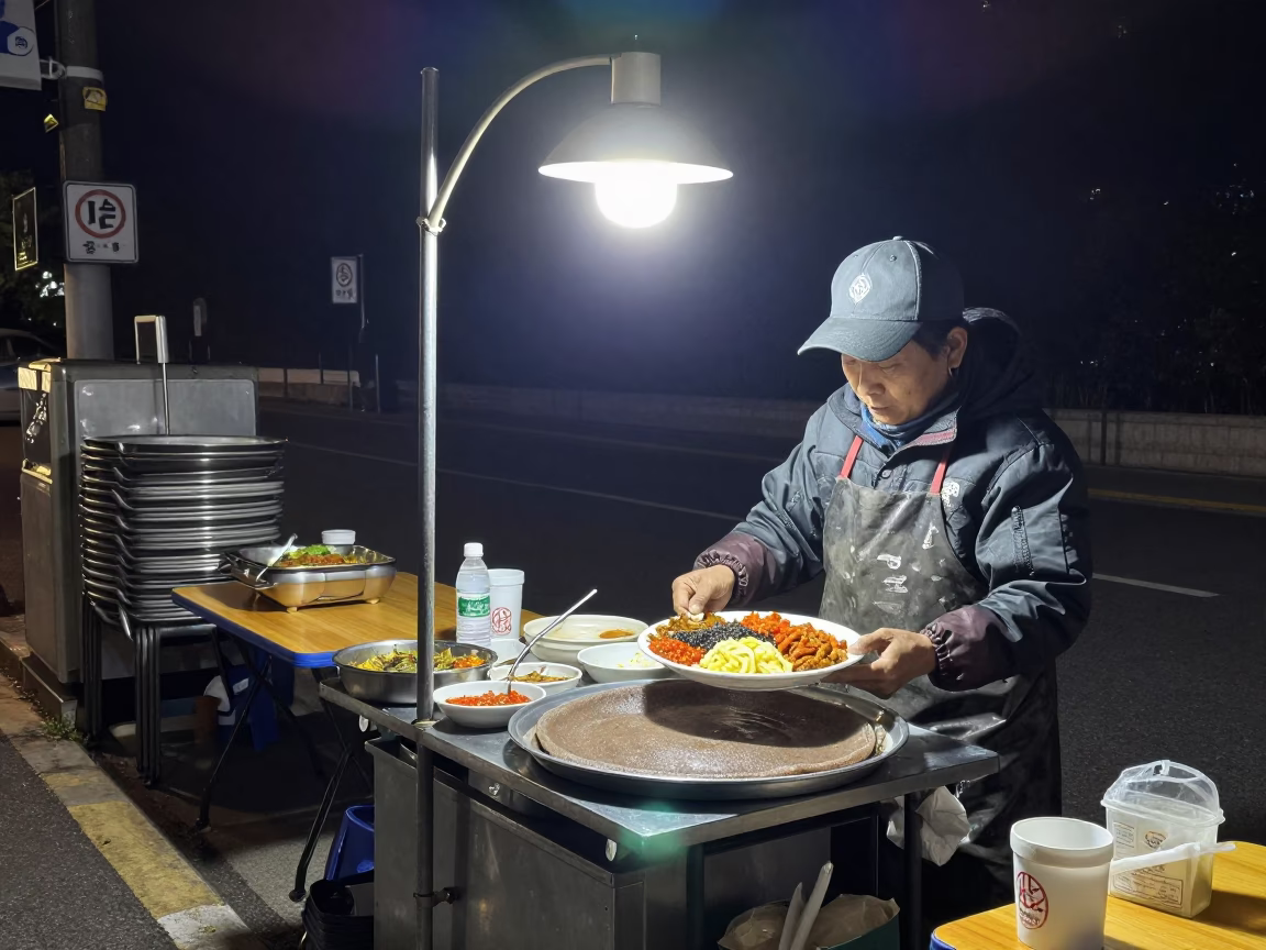 Late Night Busan Street Food Vendor with Injera and Folding Tables in in Busan, South Korea