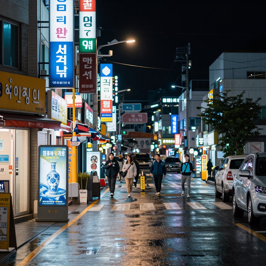 Late Night Busan Street Scene with Blue White Porcelain Plate and Pitcher in in Busan, South Korea