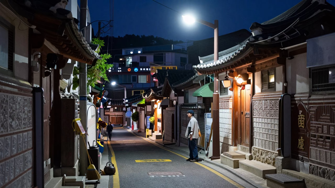 Late Night Busan Street Scene with Broom and Kettle in in Busan, South Korea