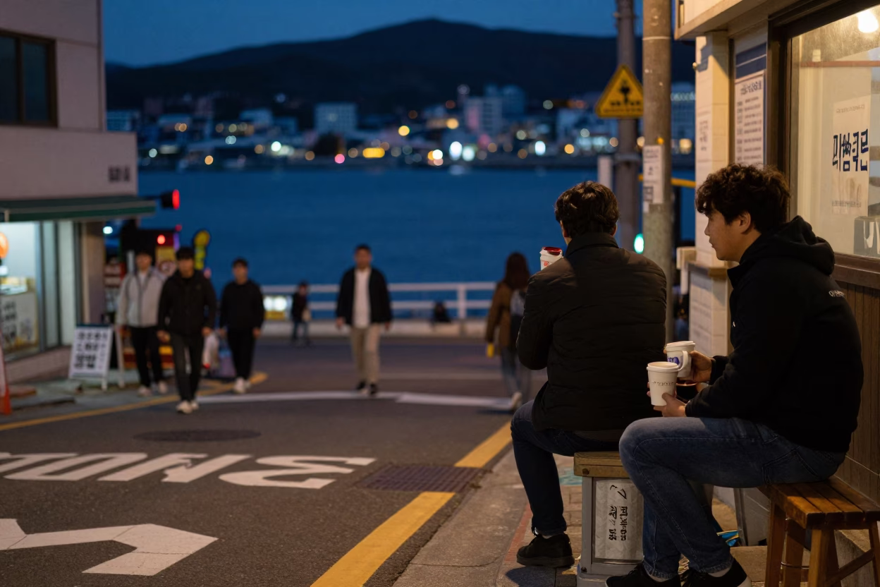 Late Night Busan Street Scene with Coffee Mugs and Urban Neon Reflections in in Busan, South Korea