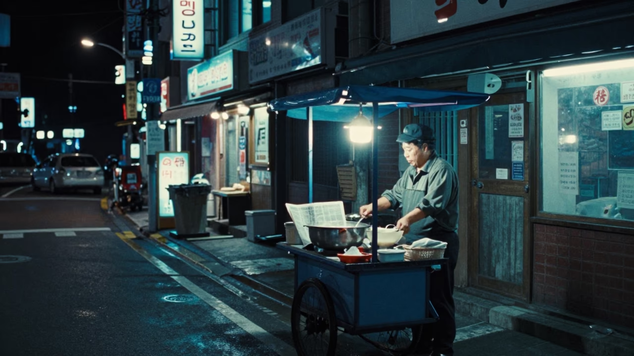 Late Night Busan Street Scene with Congee and Newspaper Stack in in Busan, South Korea