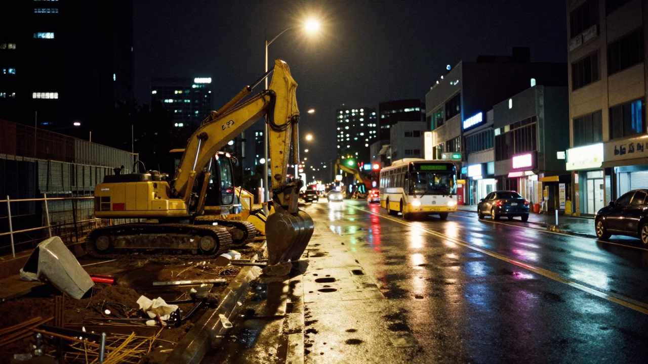 Late Night Busan Street Scene with Construction Equipment and Urban Infrastructure in in Busan, South Korea