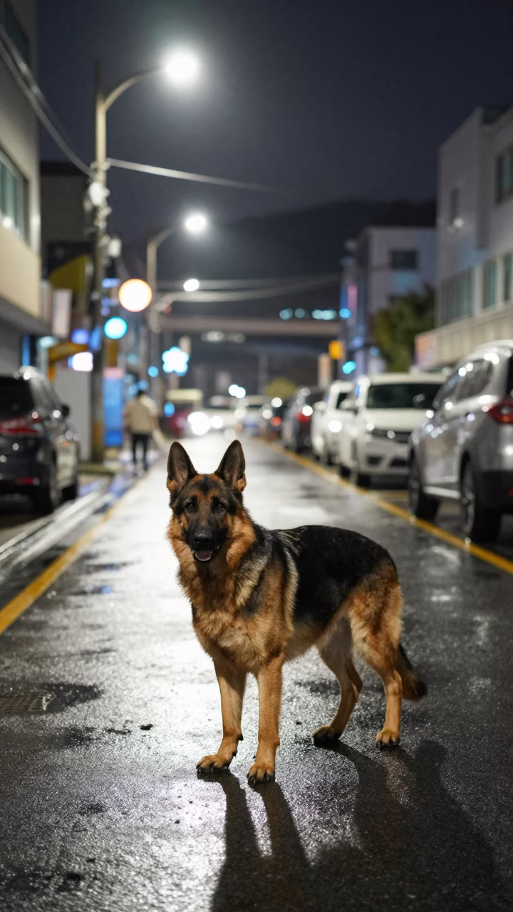 Late Night Busan Street Scene with German Shepherd Dog and Substation Insulators in in Busan, South Korea