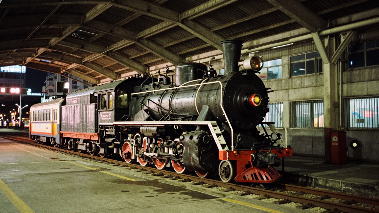 Late Night Busan Street Scene with Heritage Locomotive and Quiet Urban Details in in Busan, South Korea