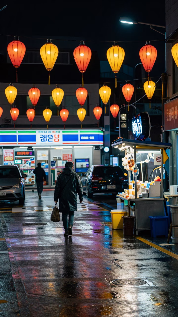 Late Night Busan Street Scene with Lantern Light and Urban Details in in Busan, South Korea
