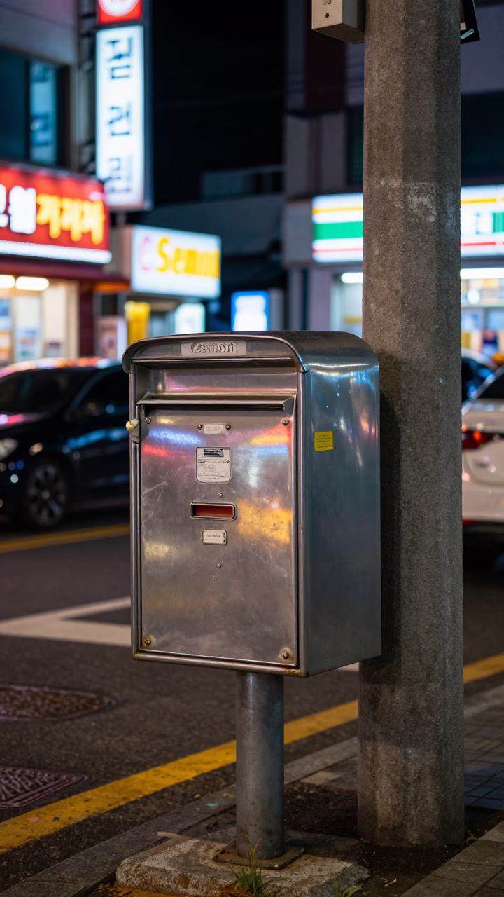 Late Night Busan Street Scene with Mailbox and Neon Reflections in in Busan, South Korea
