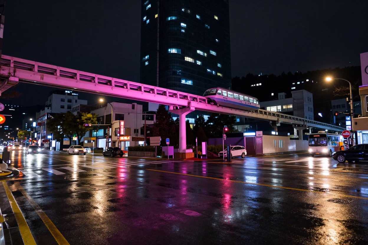 Late Night Busan Street Scene with Monorail Reflection in Glass Skyscraper and Urban Neon in in Busan, South Korea