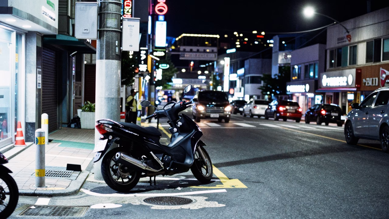 Late Night Busan Street Scene with Motorcycle and Neon Lights in in Busan, South Korea