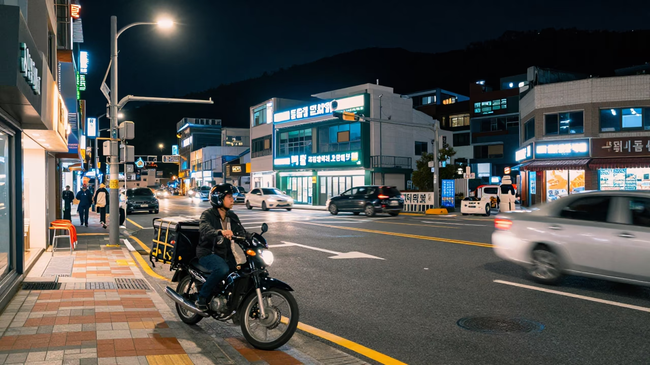 Late Night Busan Street Scene with Motorcycle and Plate of Japchae in in Busan, South Korea