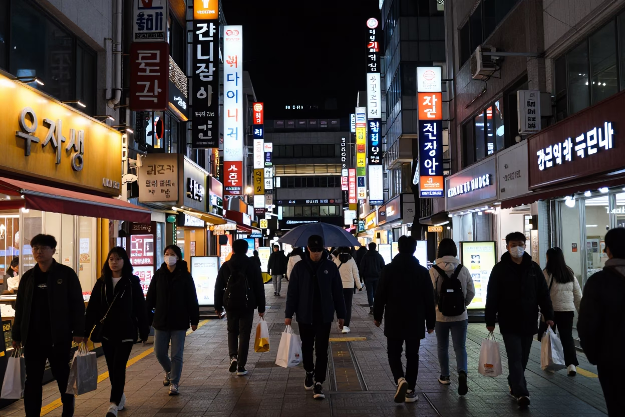 Late Night Busan Street Scene with Neon Lights and City Life in in Busan, South Korea