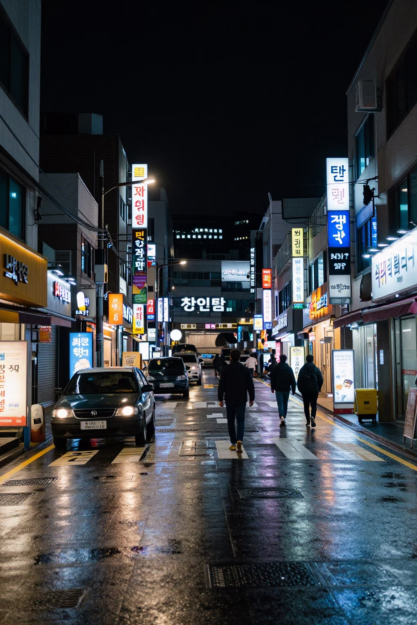 Late Night Busan Street Scene with Neon Lights and Urban Details in in Busan, South Korea