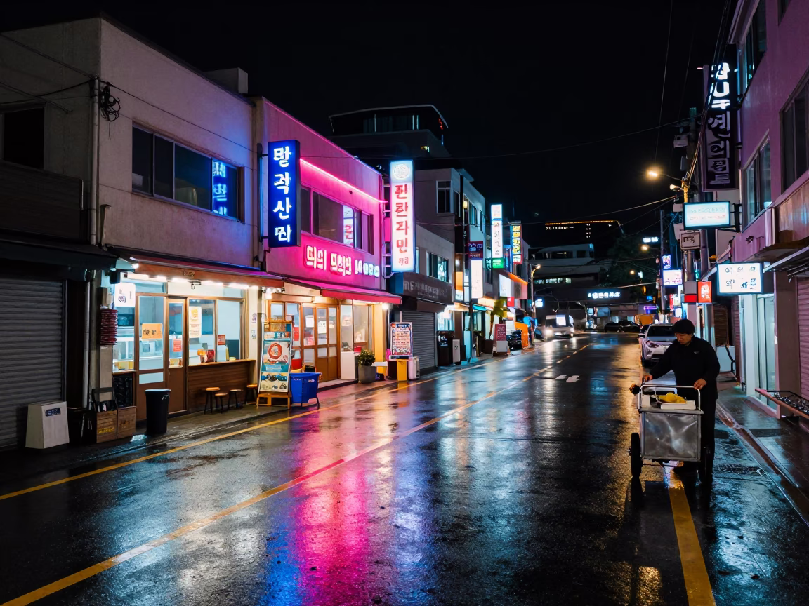 Late Night Busan Street Scene with Neon Reflections and Local Night Market Activity in in Busan, South Korea