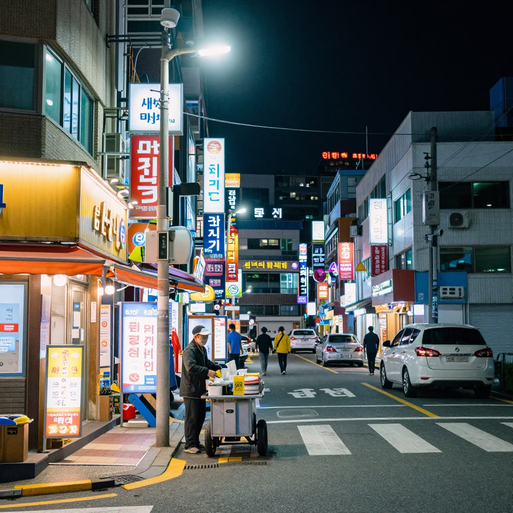 Late Night Busan Street Scene with Neon Signs and Local Food Vendors at Midnight in in Busan, South Korea