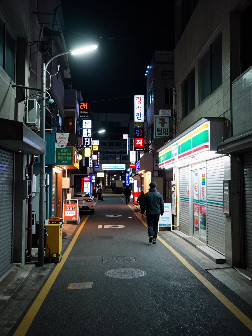 Late Night Busan Street Scene with Neon Signs and Urban Life in in Busan, South Korea