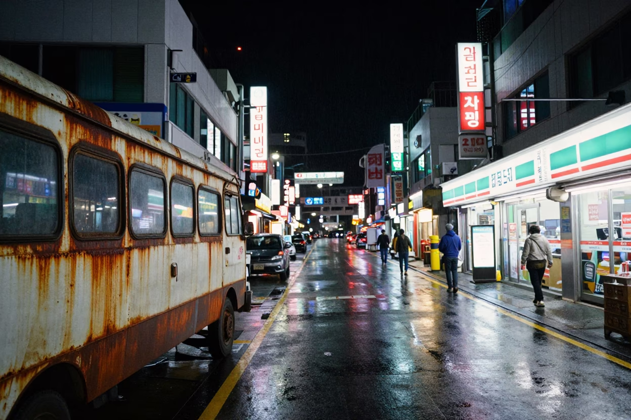 Late Night Busan Street Scene with Rain and Rusty Hardware Details in in Busan, South Korea