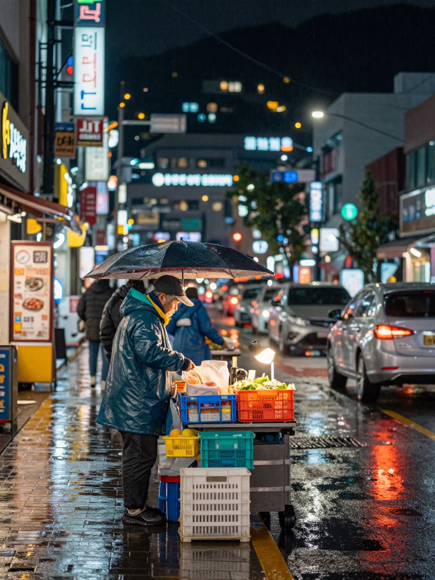 Late Night Busan Street Scene with Raincoats and Urban Details in in Busan, South Korea