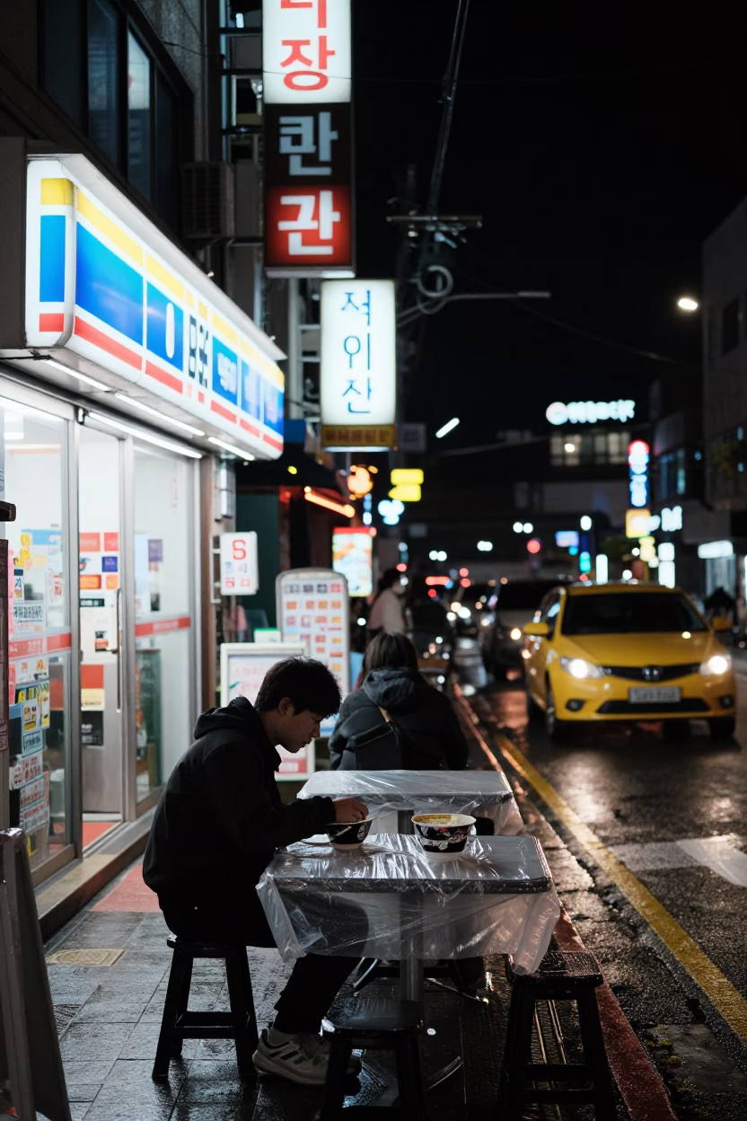 Late Night Busan Street Scene with Ramen and Neon Reflections in in Busan, South Korea