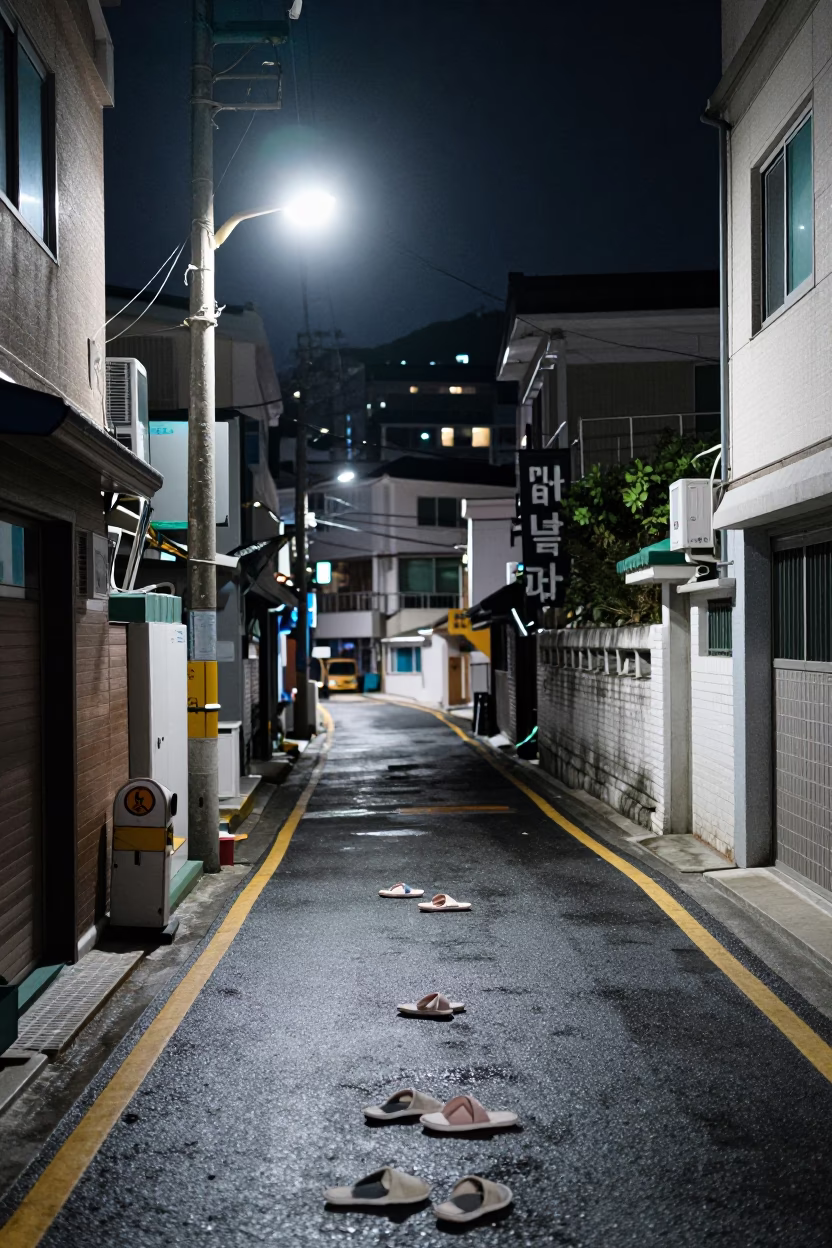 Late Night Busan Street Scene with Slippery Slippers and Urban Reflections in in Busan, South Korea