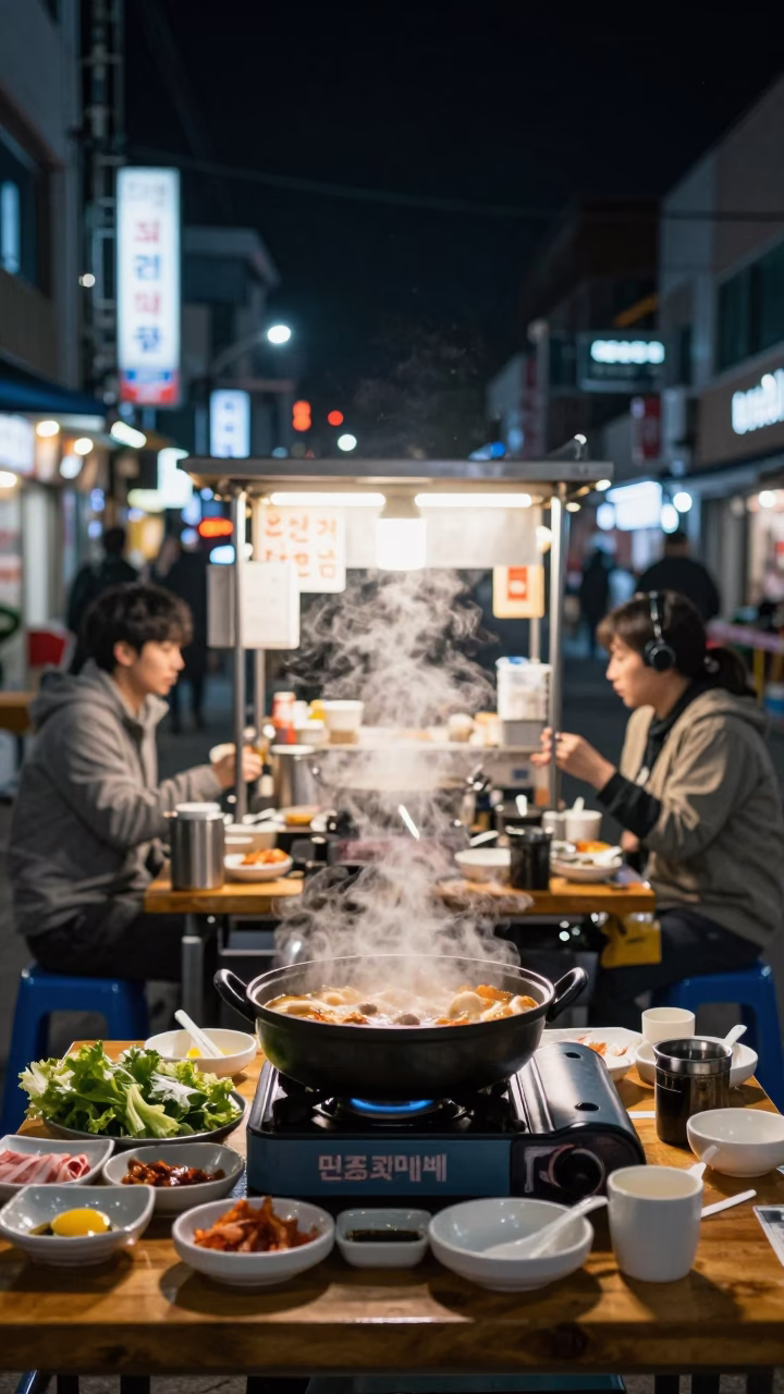 Late Night Busan Street Scene with Steaming Hotpot and Urban Life in in Busan, South Korea