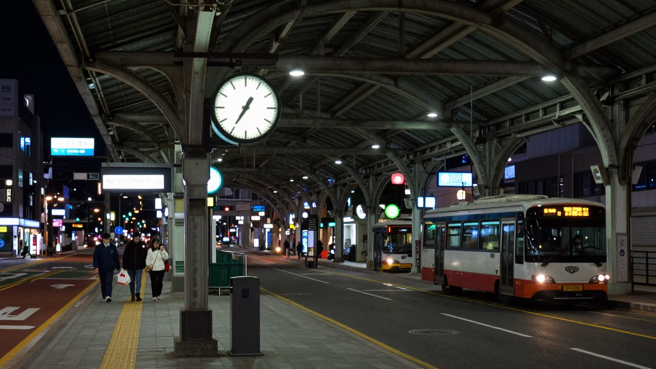 Late Night Busan Street Scene with Train Station Clock and Urban Life in in Busan, South Korea