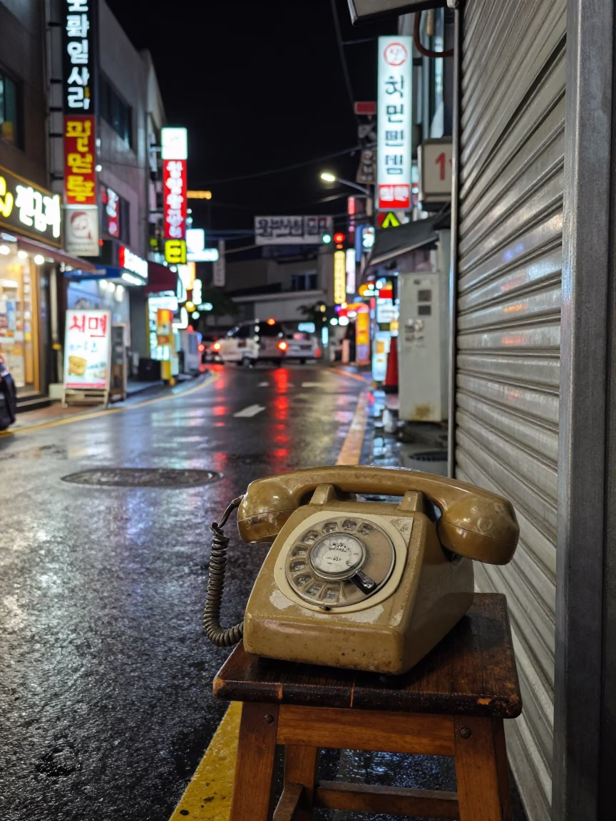 Late Night Busan Street Scene with Vintage Bakelite Telephone and Neon Reflections in in Busan, South Korea