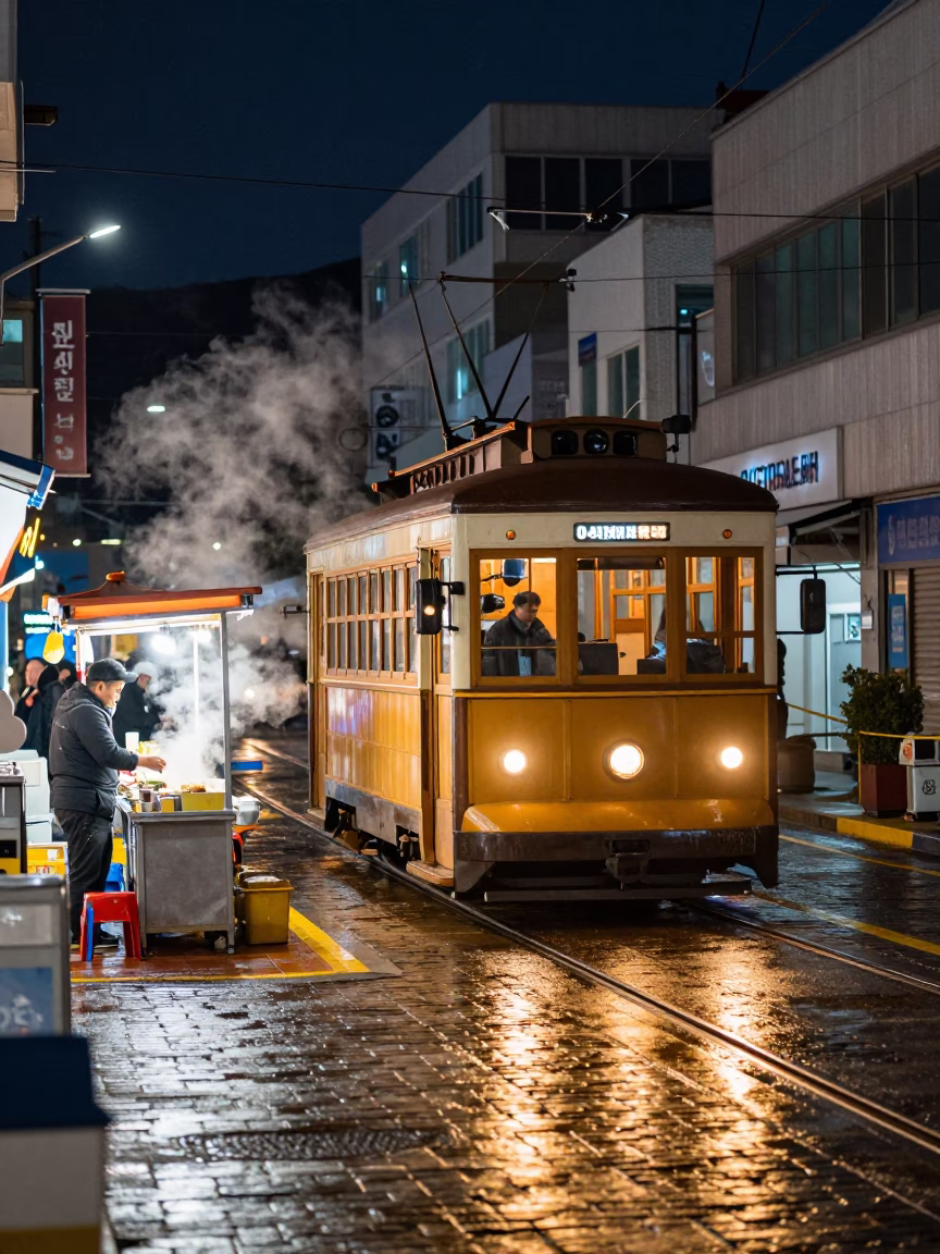 Late Night Busan Street Scene with Vintage Tram and Local Food Vendor in in Busan, South Korea